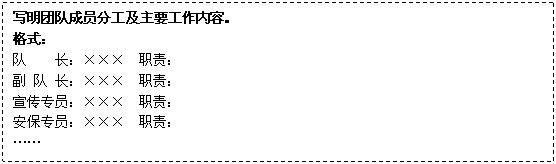 文本框: 写明团队成员分工及主要工作内容。
格式:
队 长:××× 职责:
副 队 长:××× 职责:
宣传专员:××× 职责:
安保专员:××× 职责:
……