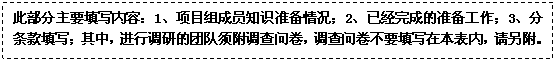 文本框: 此部分主要填写内容:1、项目组成员知识准备情况;2、已经完成的准备工作;3、分条款填写;其中,进行调研的团队须附调查问卷,调查问卷不要填写在本表内,请另附。